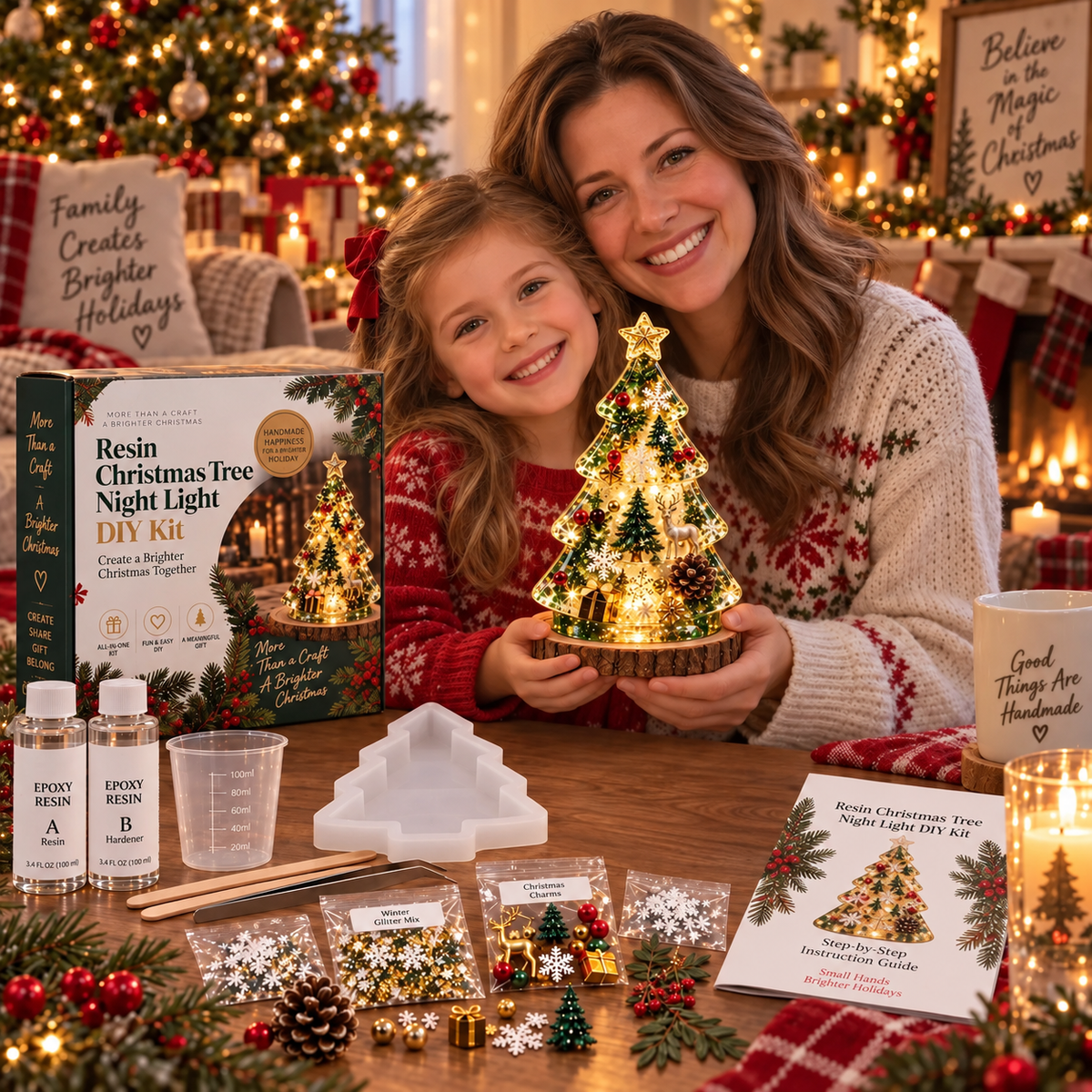 ⏳ Last Day 50% OFF – 🎄Beginner-Friendly Resin Christmas Tree Night Light DIY Kit | Mold, Resin, Fairy Lights & Festive Decorations Included ✨
