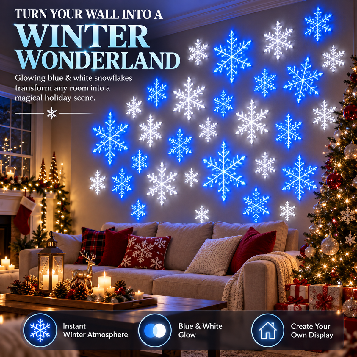 Blue and white LED snowflake lights creating a winter display in a Christmas living room
