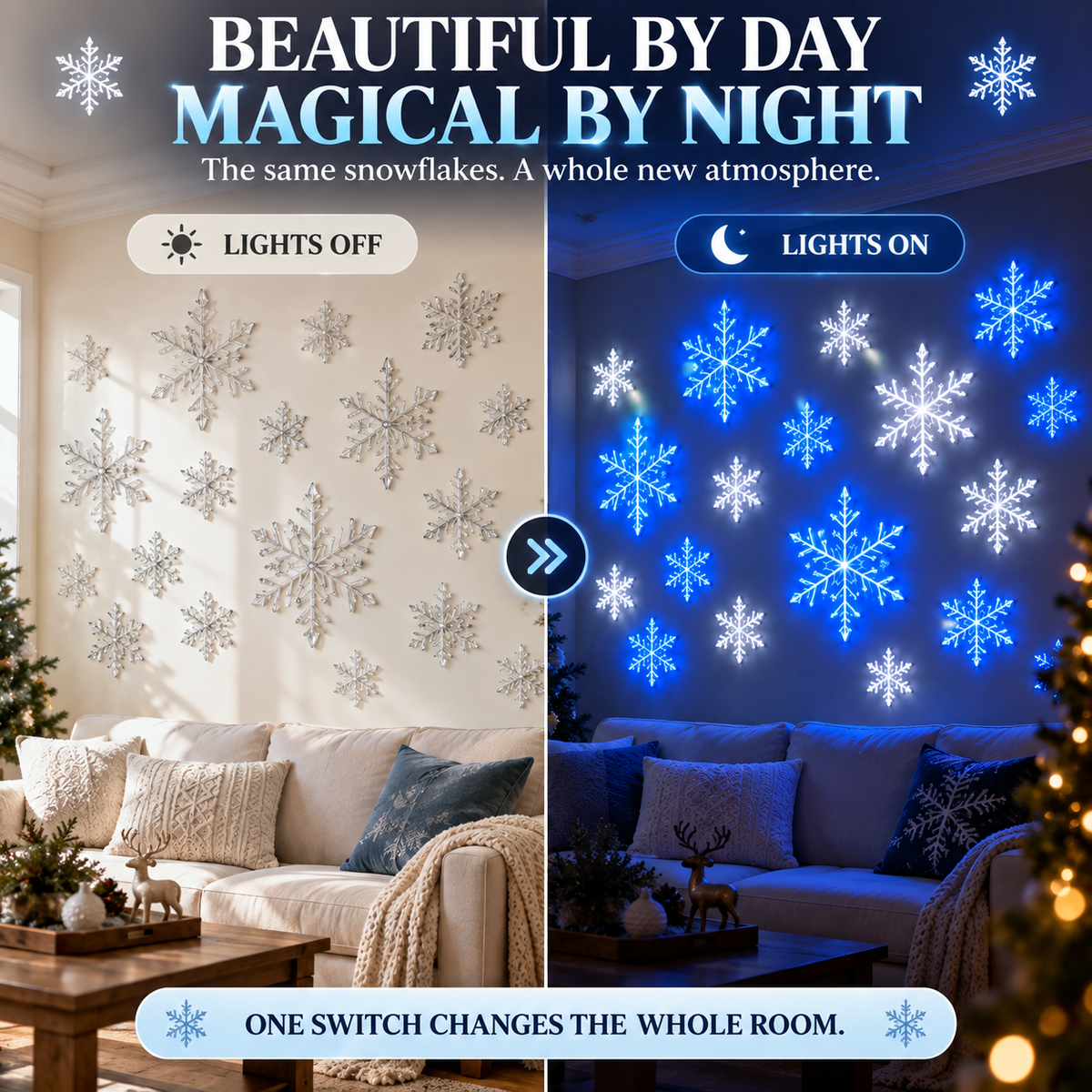 LED snowflake wall display shown with the lights off during the day and glowing at night