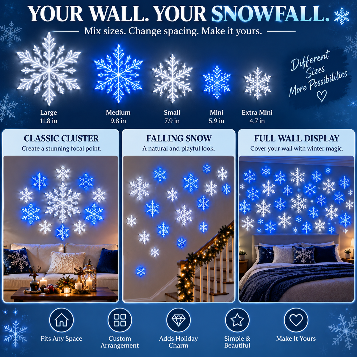 Snowflake wall lights arranged as a cluster, falling snow and full-wall display