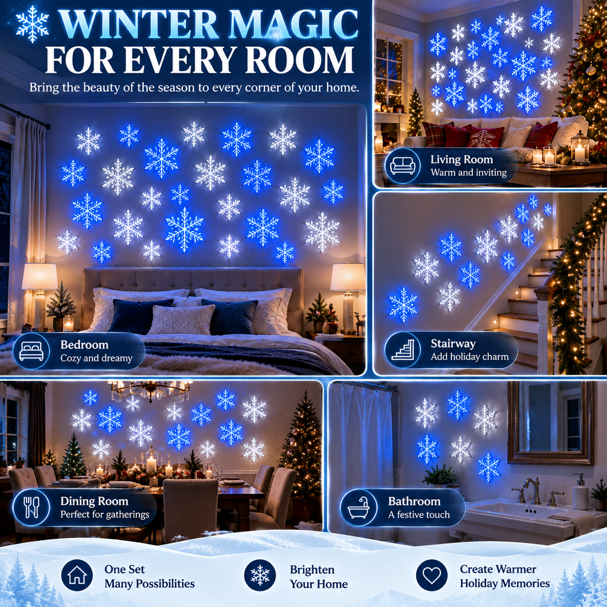 Blue and white snowflake lights styled in a living room, bedroom, stairway and dining room