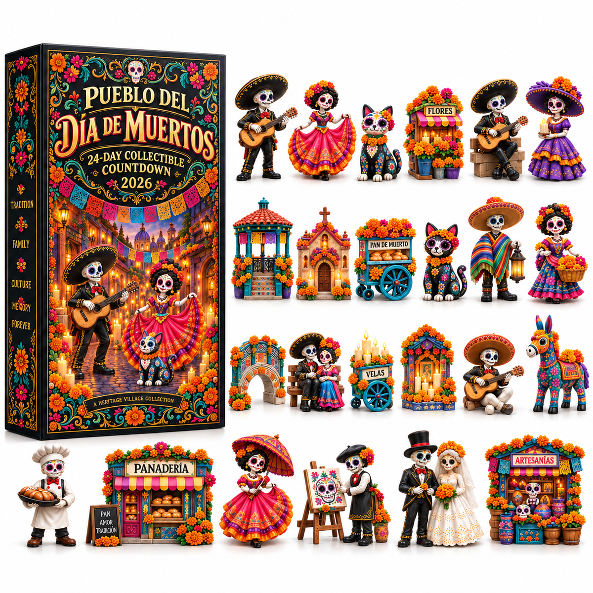 Pueblo del Día de Muertos box with 24 collectible designs