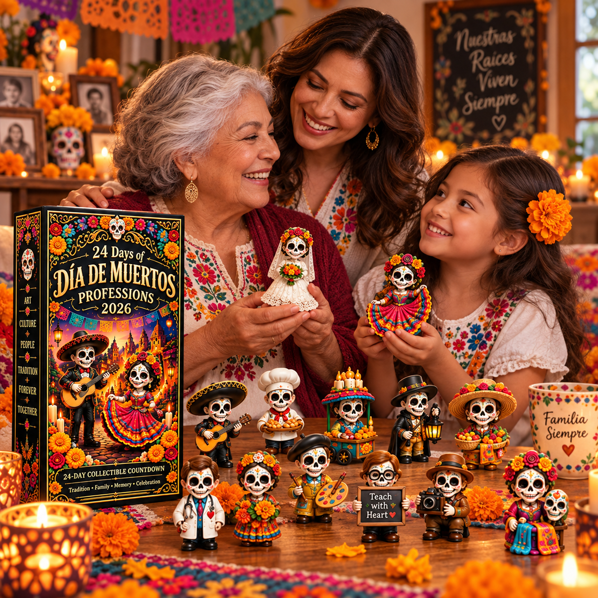 Three generations enjoying Dia de Muertos profession figures