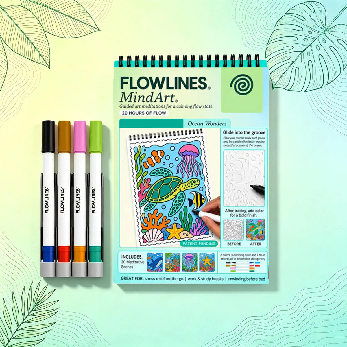 🌿 Guided Flow Art Coloring Pad with Double-Sided Markers 🎨