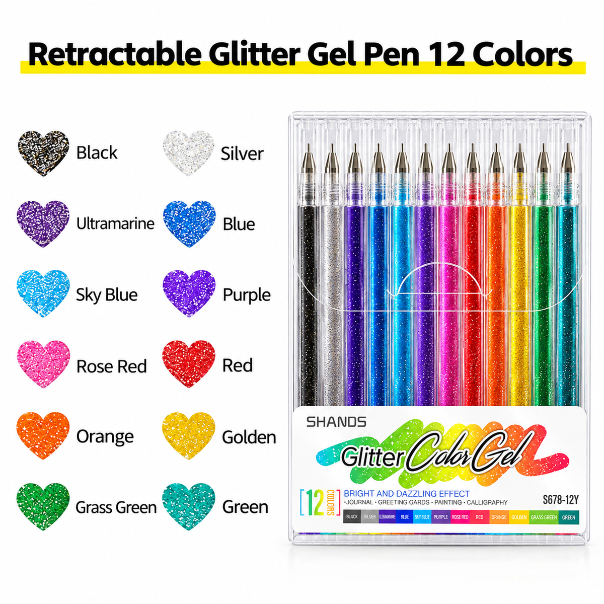 12 color retractable glitter gel pen set