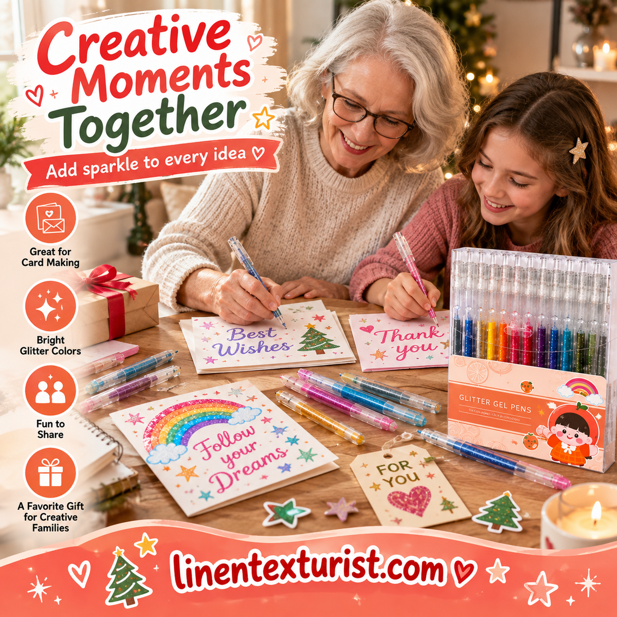 Family creating cards with glitter pens