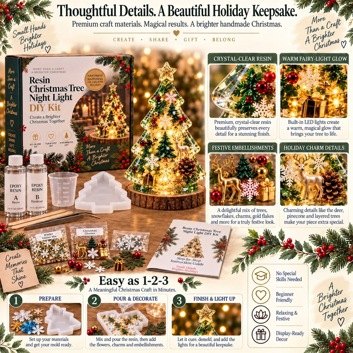 ⏳ Last Day 50% OFF – 🎄Beginner-Friendly Resin Christmas Tree Night Light DIY Kit | Mold, Resin, Fairy Lights & Festive Decorations Included ✨