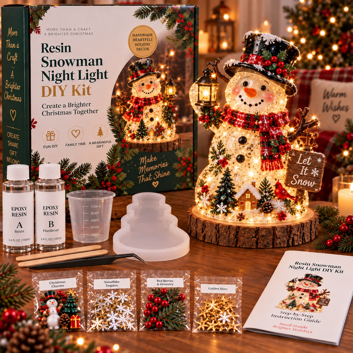 ⏳ Last Day 50% OFF – 🎄Beginner-Friendly Resin Christmas Tree Night Light DIY Kit | Mold, Resin, Fairy Lights & Festive Decorations Included ✨
