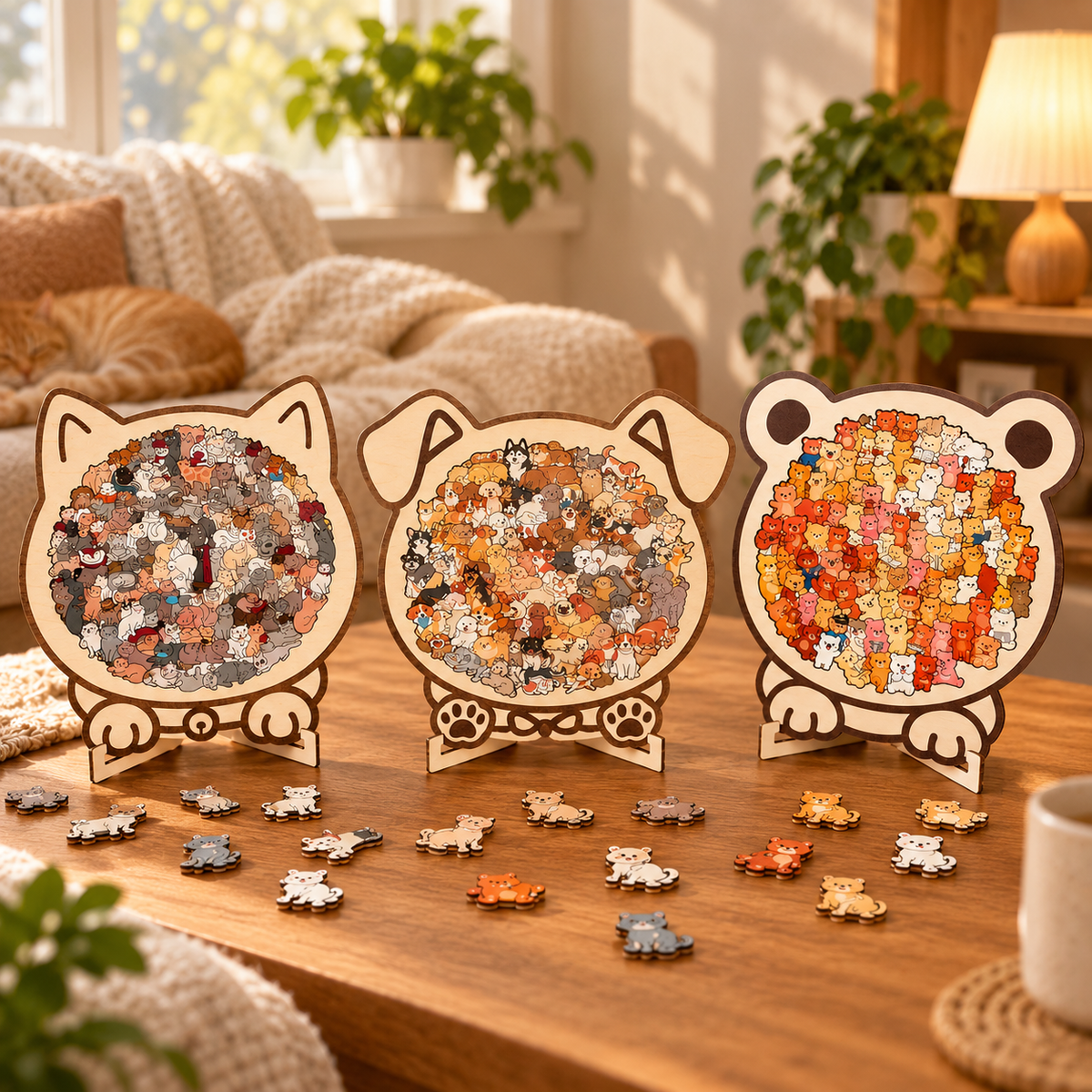 Cat-Shaped Wooden Puzzle – 135 Unique Pieces with Display Stand