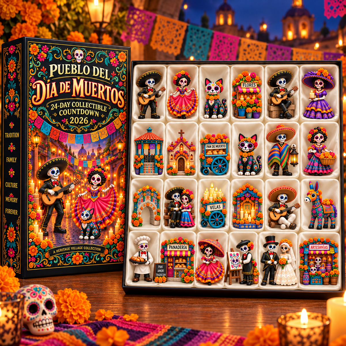 Tray showing 24 Pueblo del Día de Muertos designs
