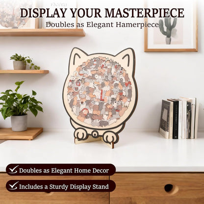 Cat-Shaped Wooden Puzzle – 135 Unique Pieces with Display Stand
