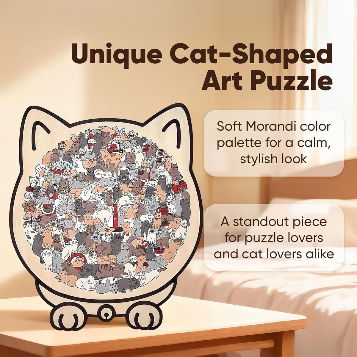 Cat-Shaped Wooden Puzzle – 135 Unique Pieces with Display Stand