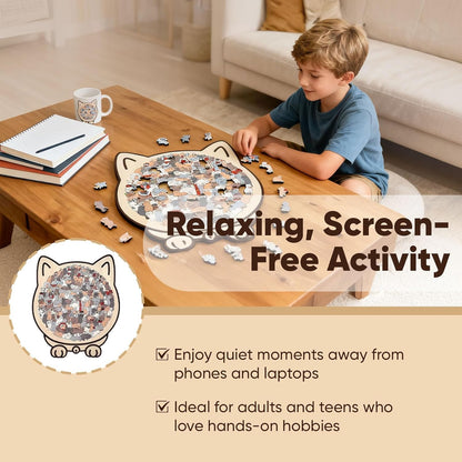 Cat-Shaped Wooden Puzzle – 135 Unique Pieces with Display Stand