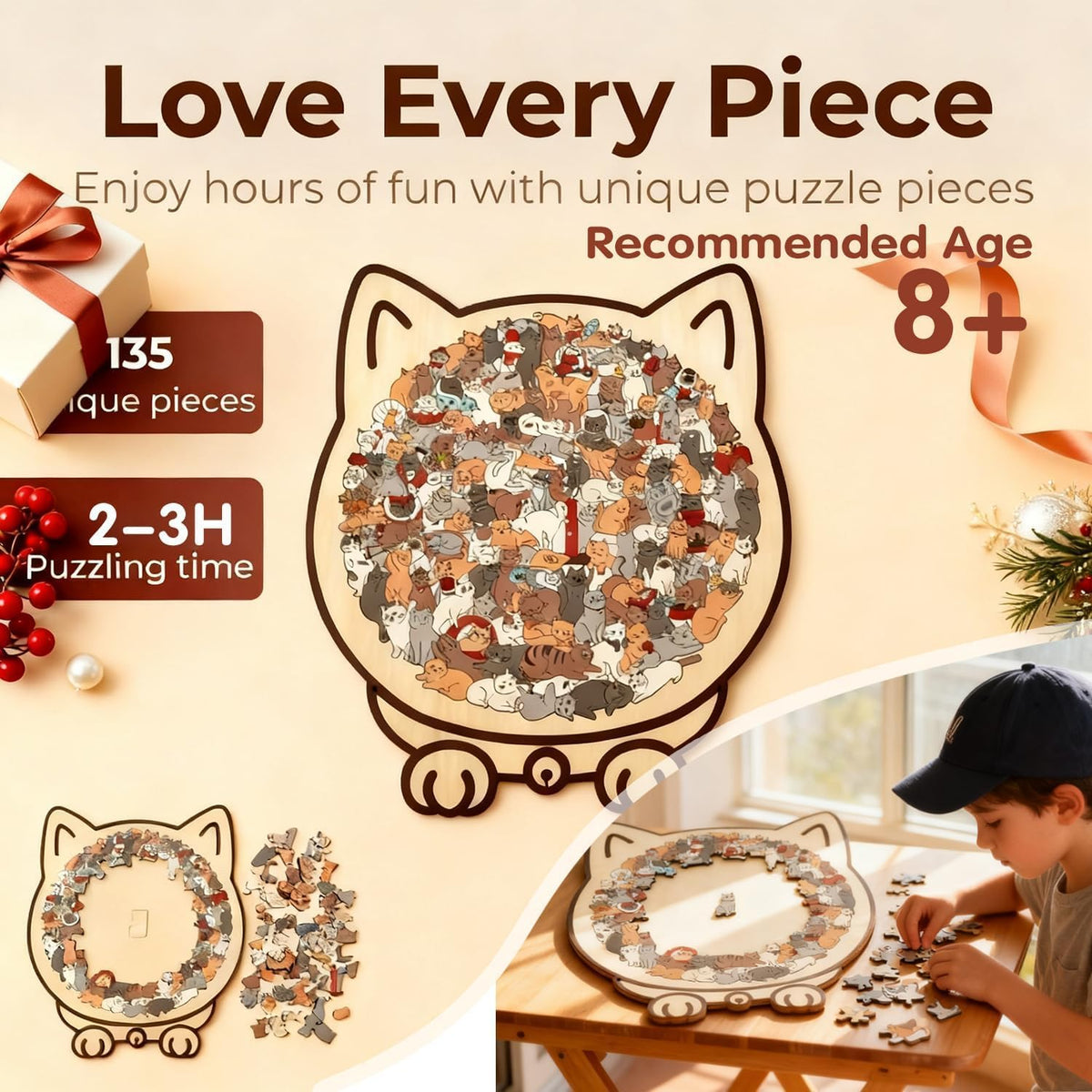 Cat-Shaped Wooden Puzzle – 135 Unique Pieces with Display Stand
