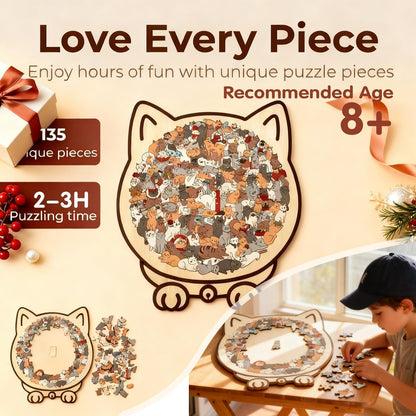 Cat-Shaped Wooden Puzzle – 135 Unique Pieces with Display Stand