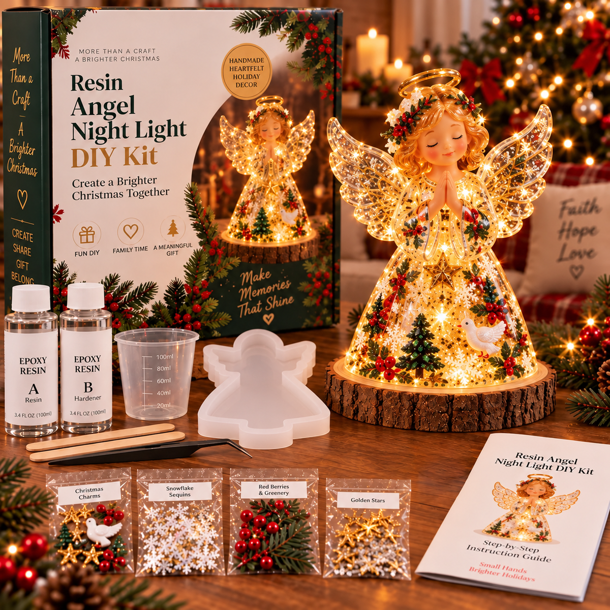 ⏳ Last Day 50% OFF – 🎄Beginner-Friendly Resin Christmas Tree Night Light DIY Kit | Mold, Resin, Fairy Lights & Festive Decorations Included ✨