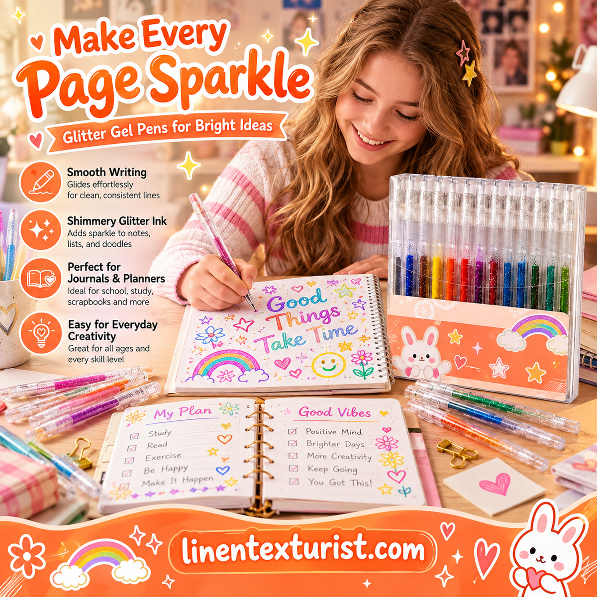 Smooth-writing glitter gel pens