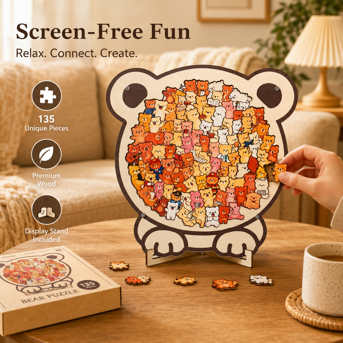 Cat-Shaped Wooden Puzzle – 135 Unique Pieces with Display Stand
