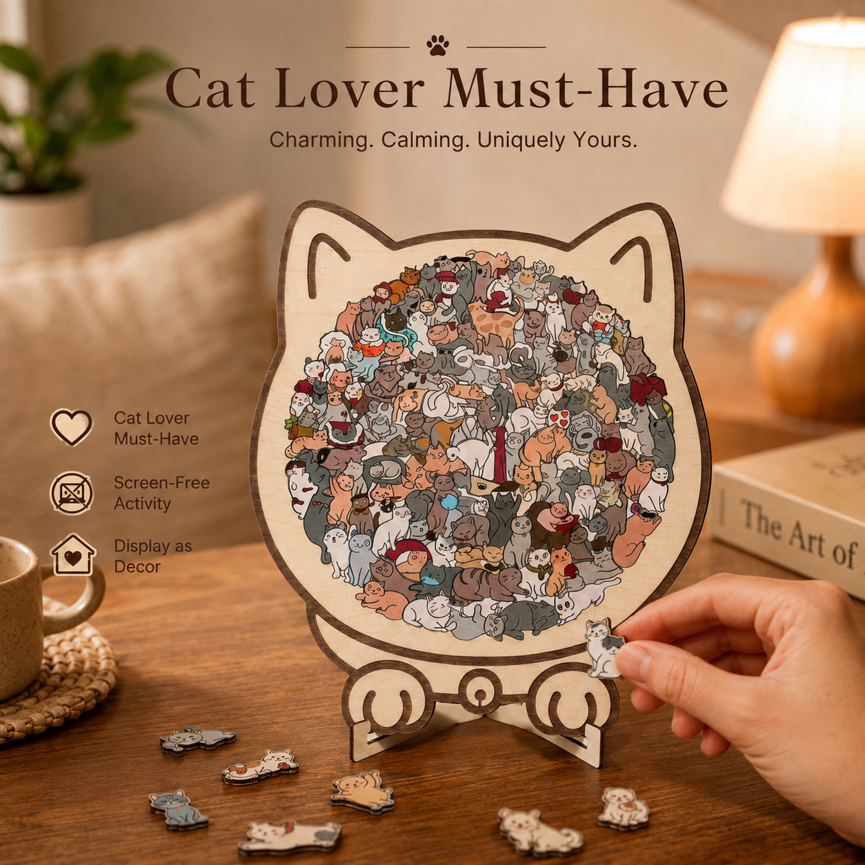 Cat-Shaped Wooden Puzzle – 135 Unique Pieces with Display Stand