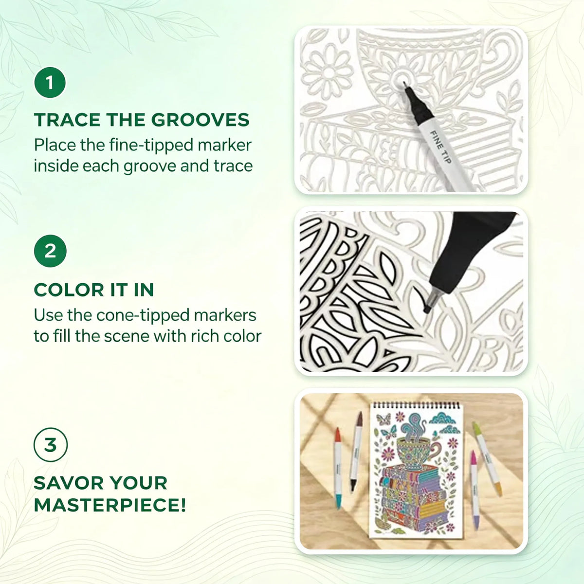 🌿 Guided Flow Art Coloring Pad with Double-Sided Markers 🎨