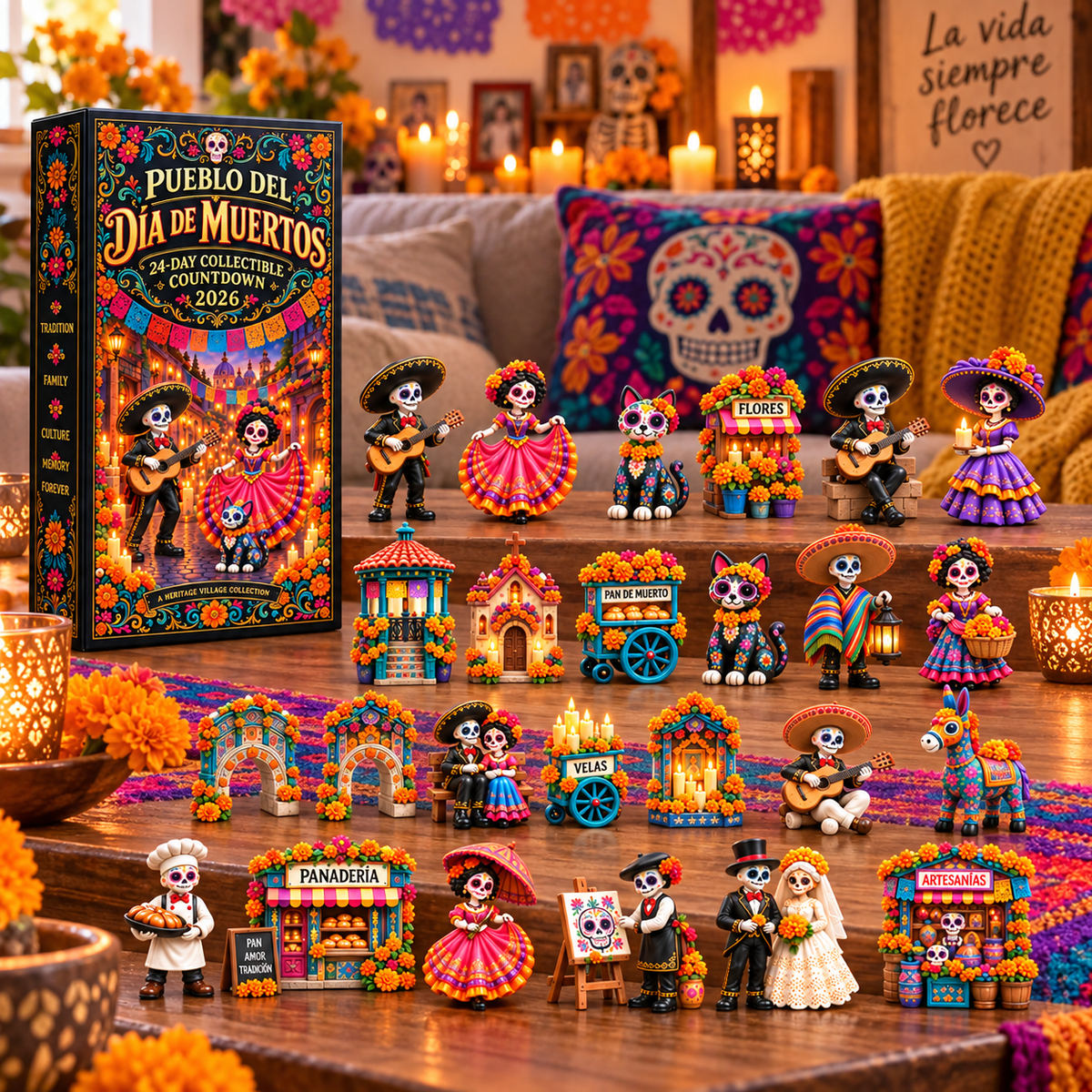 Full Pueblo del Día de Muertos collection displayed at home