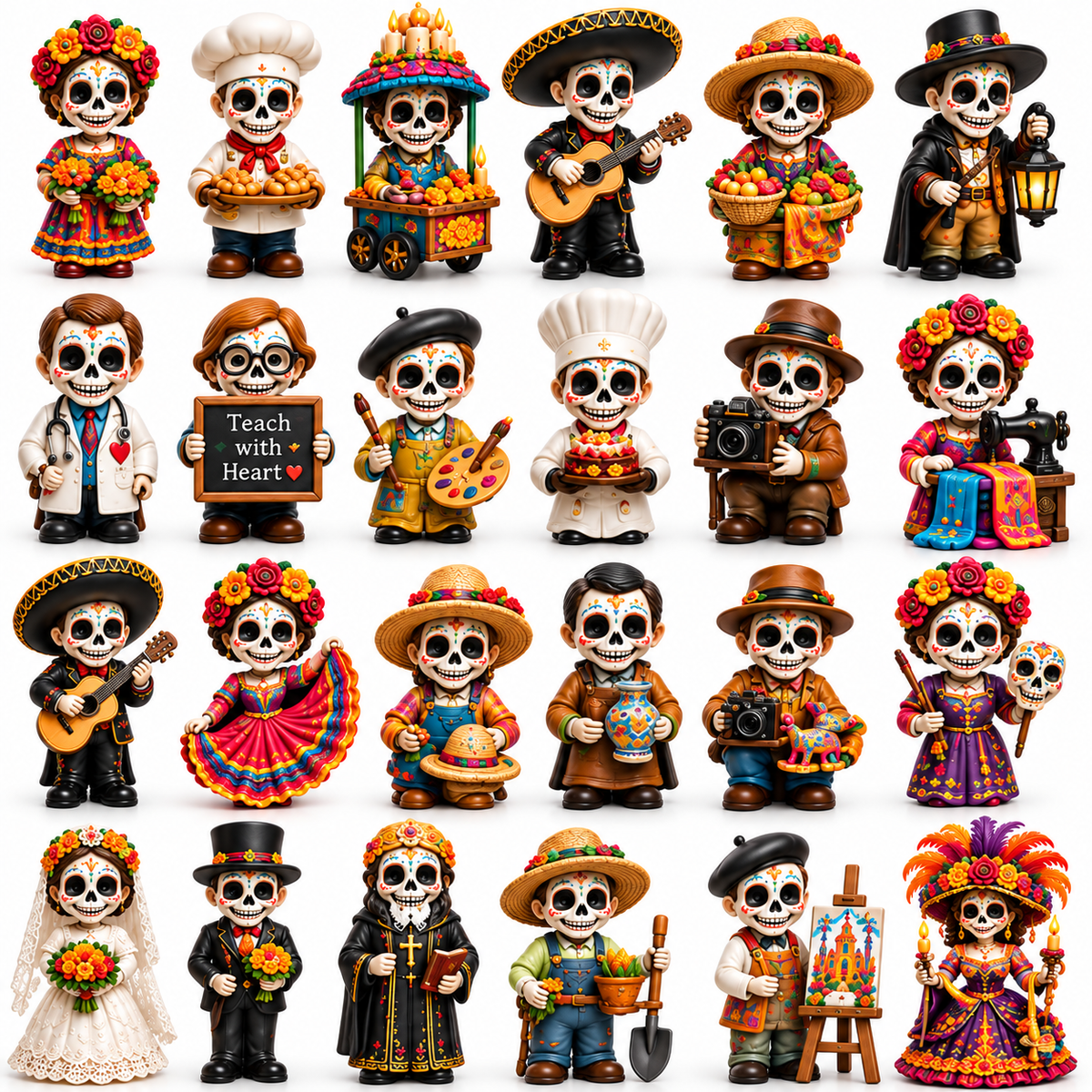 Full collection of 24 profession themed Dia de Muertos characters