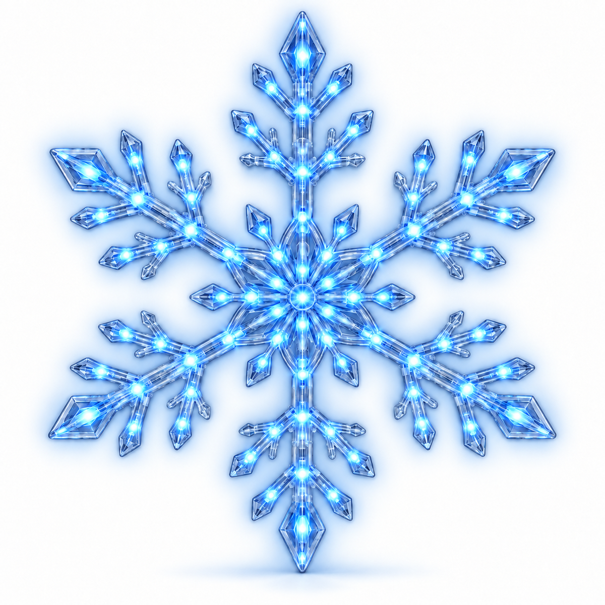 Blue LED snowflake light on a white background